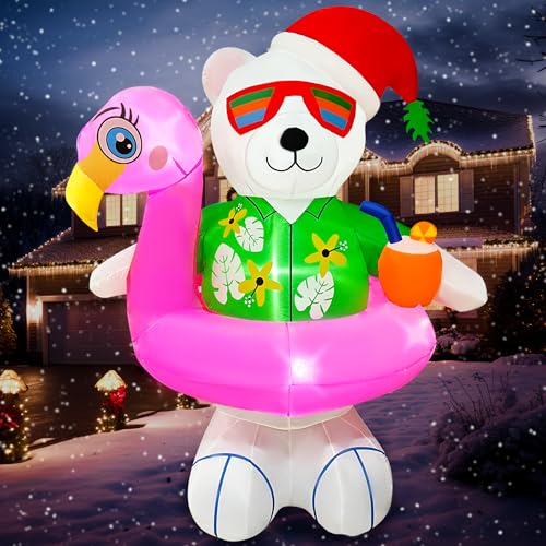 BLOWOUT FUN 6ft Christmas Inflatables Hawaiian Polar Bear with Flamingo Pool Float Decoration, LED Blow Up Lighted Decor Indoor Outdoor Holiday Art Decor Decorations