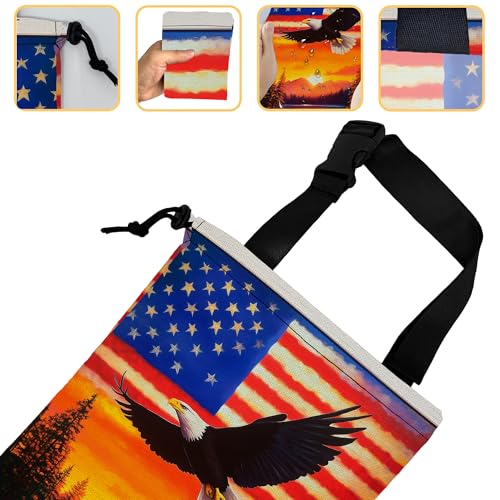 Image of Bald Eagle on American Flag Car Trash Bag,Sunset Mountain Forest Hanging Drawstring Car Garbage Bag,Canvas Car Back Seat Organizer with Adjustable Buckle for Men and Women