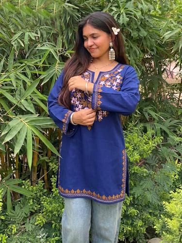 Image of GoSriKi Short Kurti for Women Viscose Embroidered | Kurti for Woman Regular Fit | Round Neck V Slit Full Sleeve Stylish Ladies Top Ethnic Wear Womens Clothing Trendy Kurta Tops