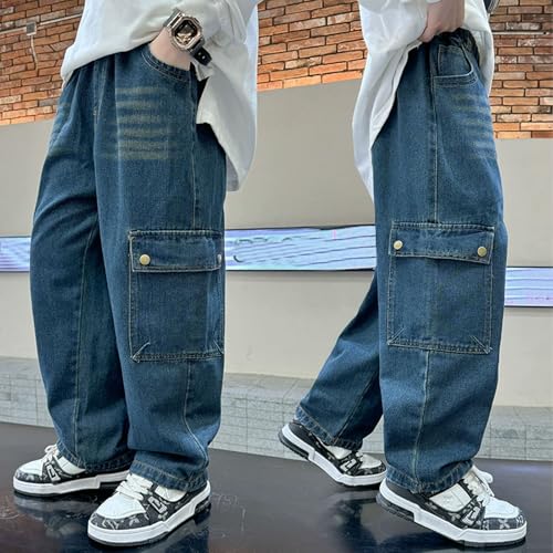Boy's Cargo Jeans Elastic Waisted Baggy Denim Pants Kids Straight Leg Pull On Jeans with Pockets 6-14 Years2