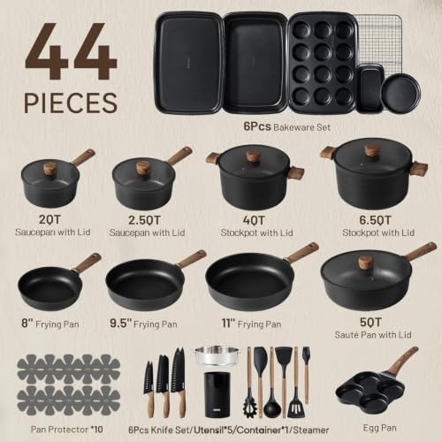 Image of CAROTE 44pcs Pots and Pans, Nonstick Cookware Set with Bakeware | Induction Kitchen Cooking Set, Durable, Easy Food Release, Even Heating, with Knife Set