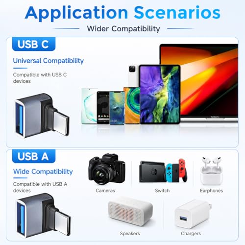 Image of Verilux 2Pcs USB C to USB A Adapter, 90 Right Angle USB-C Male to USB-A Female Converter Support USB 3.2 Gen 2 10Gbps High Speed Data Transfer & 15W Charging for iPhone 17 /16 /15, Galaxy S26 /S25 /S24