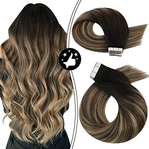 [CLEARANCE] Tape in Balayage Hair Extensions Human Hair 22 Inch Black Rooted Adhesive Tape Hair for Women 20pcs #1B/3/27 Black Ombre to Brown with Blonde Seamless Skin Weft Extensions 50g