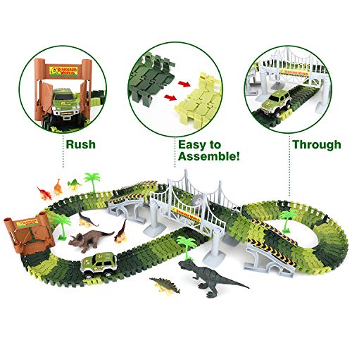 Zooawa Dinosaur Track Toy 142PCS Car Race Tracks Train Set Railway Playset with Flexible Speedway Railroad, Car Racing Toys, Bridge and Dinosaur Figures for Kids and Toddlers, Colorful