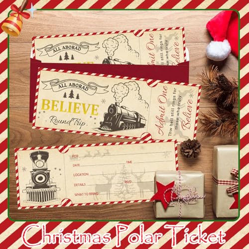 Invitaciones de Navidad con regalos de creer y diseño de billete polar con sobre incluido 3