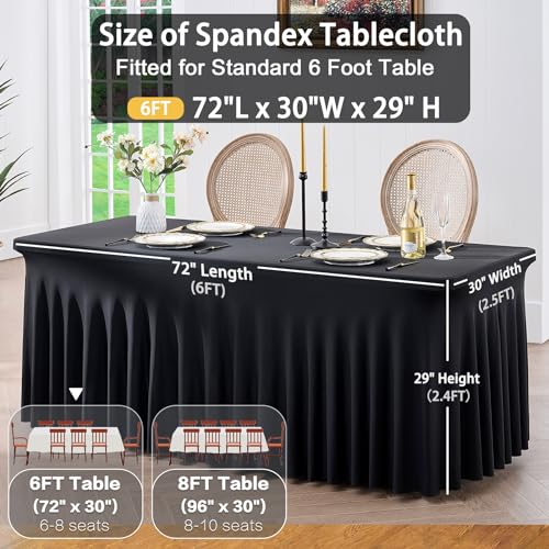 Image of Black Spandex Tablecloth for 6 Foot Rectangle Tables, 3 Pack Fitted Table Cloths 6ft Stretchy Table Clothes Cover Desk Skirt for Parties Weddings Birthday Graduation Banquet
