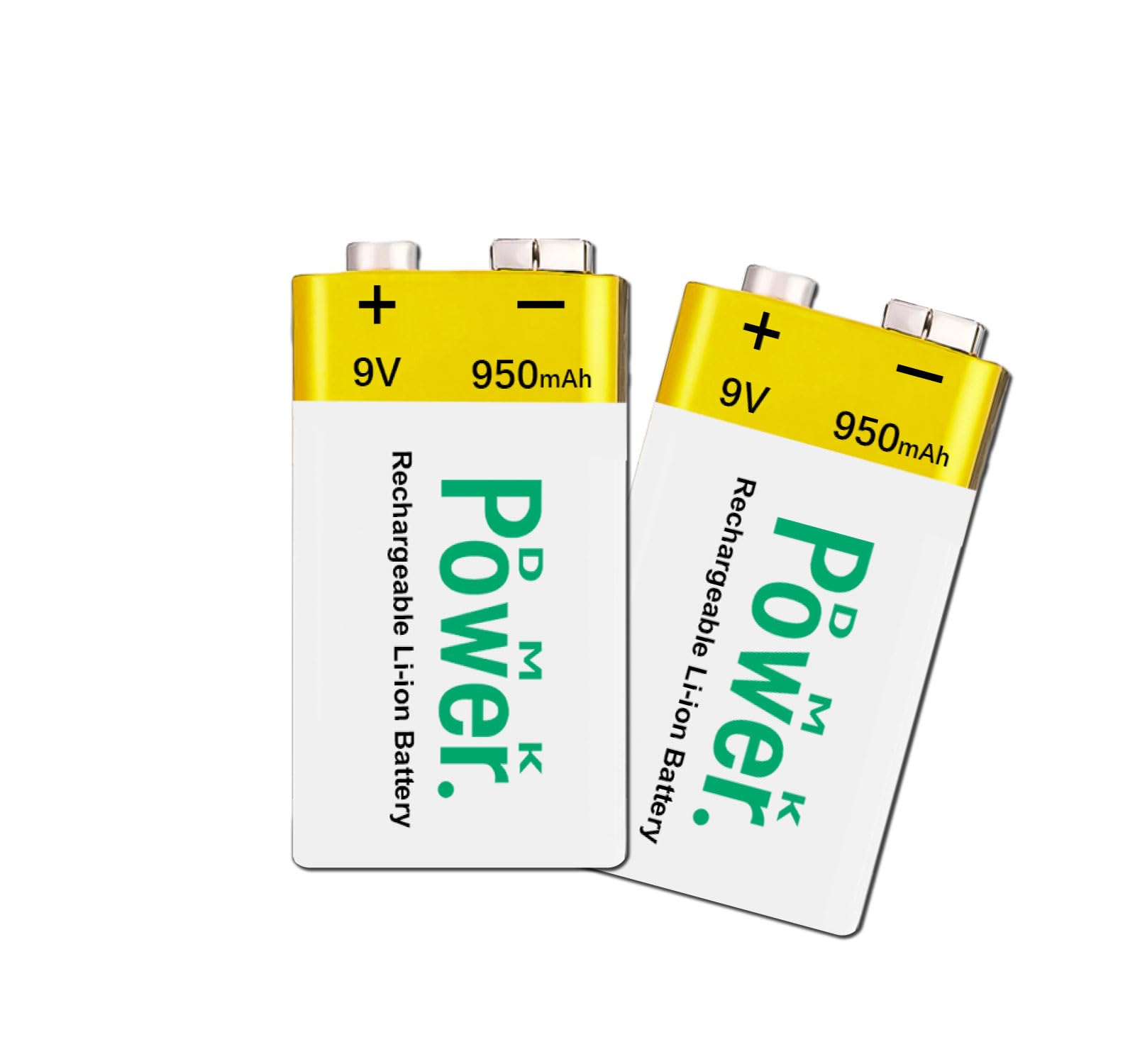 DMK Power 9V (950mAh) Rechargeable Li-ion Batteries 2pcs, Low Self-Discharge Square Battery Compatible with Smoke Alarm/Detector,