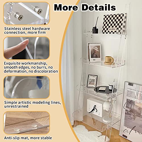 Acrylic Ladder Bookshelf, 4-Tier Clear Leaning Book Shelf, Large Unique Bookcase, Invisible Book Shelves, Storage Organizer Shelf For Bedroom, Living Room, Study Room, Office, 72"H X 21"W X 14"D #TOP3