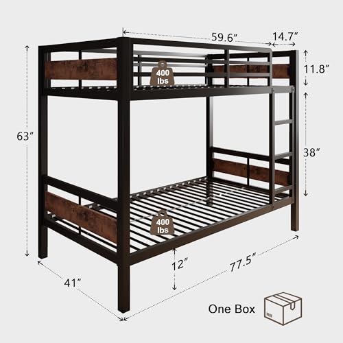 Image of iPormis Metal Bunk Bed Twin Over Twin, HeHeavy Duty Bunk with High Guardrail and Safety Entrance Design, Under-Bed Storage Space, No Box Spring Needed, Noise Free, Vintage Brown