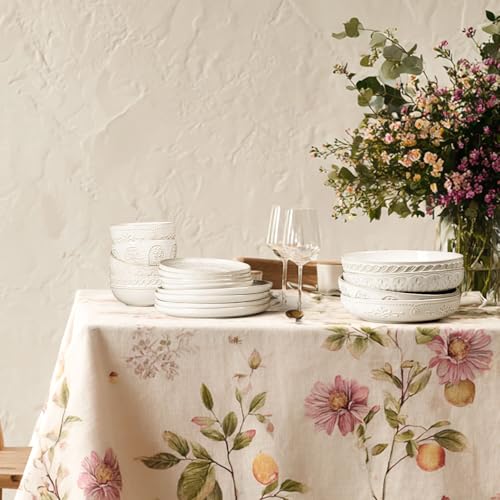 Artena Large Ceramic Dinner Plates Set Of 4, 10.75 Inch Embossed Kitchen Salad Plates, Modern Serving Plates For Restaurant, Plates With Lipped Edges, Microwave Dishwasher Safe (Wheat Leaf)