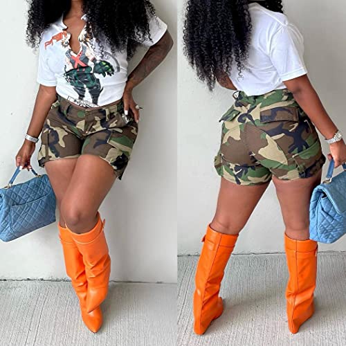 Seltaon Women's Camo Cargo Shorts High Waisted Camouflage Print Denim Short Clubwear4
