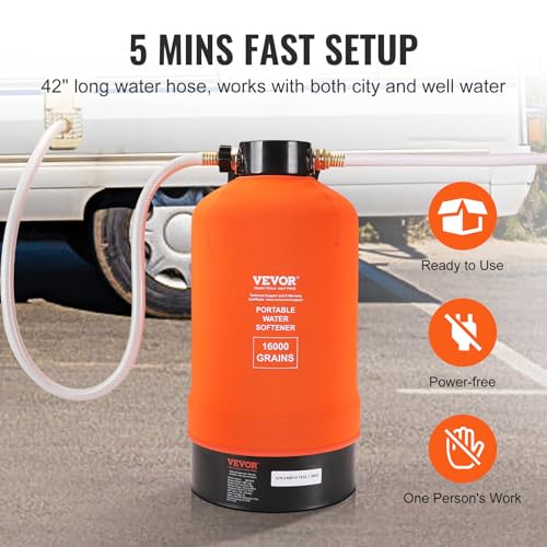 Image of VEVOR RV Water Softener, 16,000 Grain Portable Water Softener, with 3 /4 inch Brass Fittings and 42 inch Hose, Soften Hard Water Filter System for RVs, Trailers, Boats, Mobile Car Washing, Pressure Washing | Filter System for RVs, Trailers, Boats, with 3 /4 inch Brass Fittings and 42 inch Hose, Portable Mobile Car Washing, Pressure Washing
