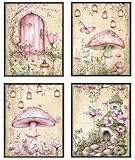 Locomiss Pink Fairy Enchanted Forest Mushroom Wall Art Decor, Fantastic Cottagecore Floral Mushroom Fairy Garden Cabin Pink and Green Prints Posters for Girls Room Wall Decor, Set of 4 (8x10 Unframed)