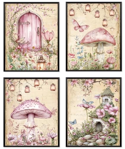 Image of Locomiss Pink Fairy Enchanted Forest Mushroom Wall Art Decor, Fantastic Cottagecore Floral Mushroom Fairy Garden Cabin Pink and Green Prints Posters for Girls Room Wall Decor, Set of 4 (8x10 Unframed)