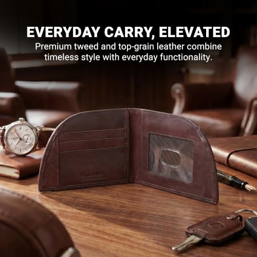 Image of ROGUE WALLET Front Pocket Card Holder for Men - Bedford Tweed & Top Grain Leather Minimalist Billfold - Slim ID Window, Cash Section & Stash Compartment