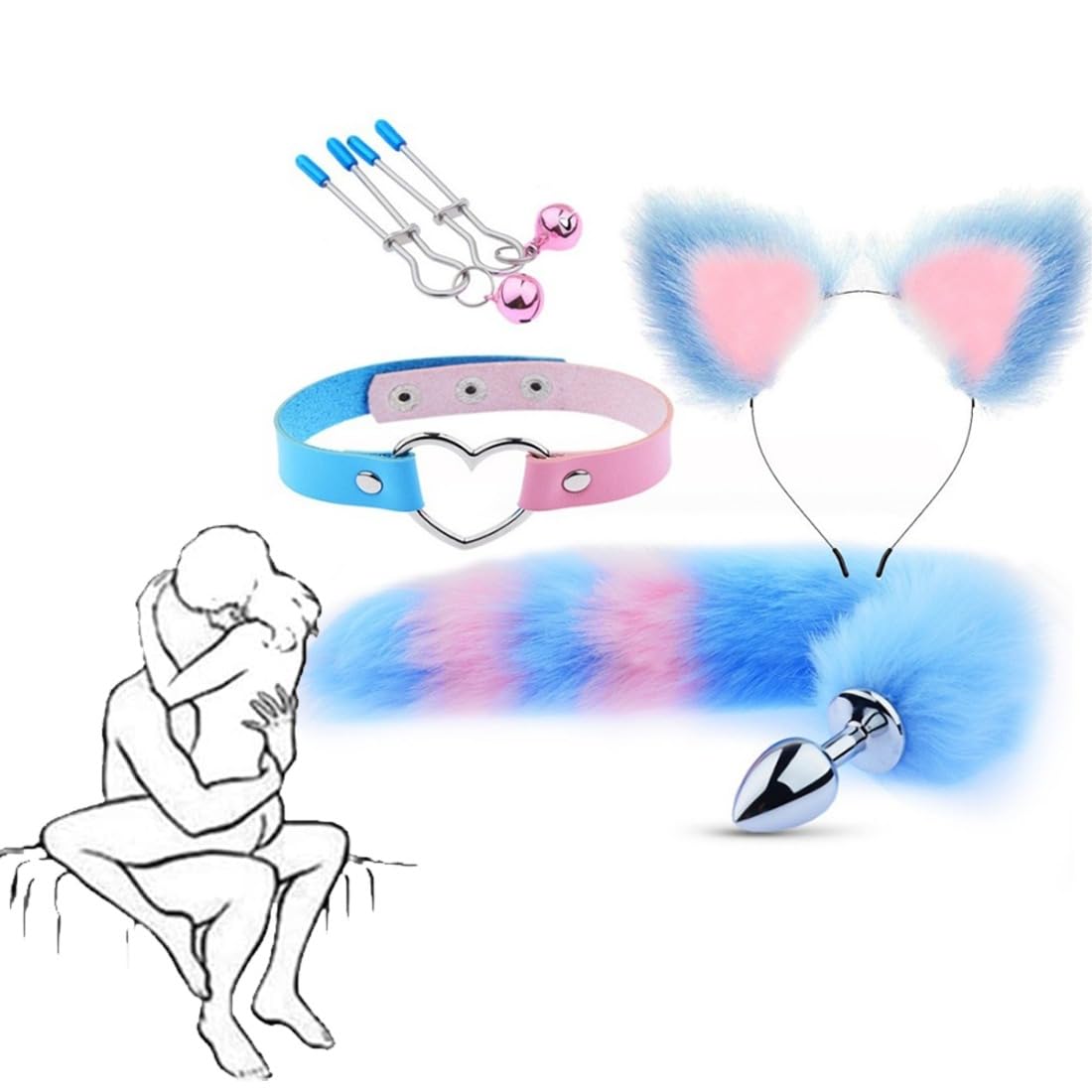 𝙎𝙚̣𝙭 𝙏σ𝙮𝙨 Un Set di Accessori per Coda di Volpe con Fascia per Orecchie di Gatto Godetevi La Coppia Giocosa E Affascinante! Cosplay Set di Quattro Pezzi Blu Un Regalo per Uomini E Donne
