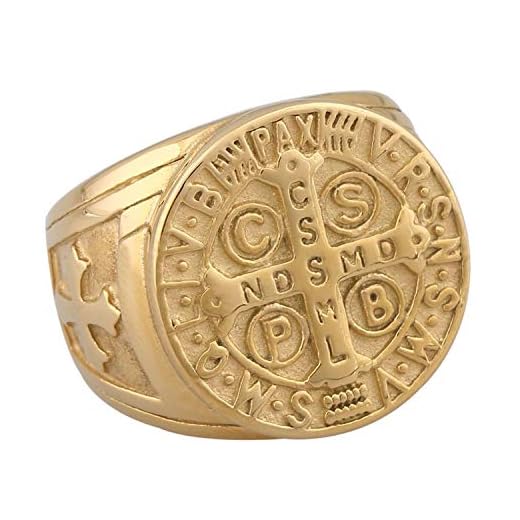 Flongo Anillo de Sello Grande Hombre Anillo de Cruz Hip Hop, Dorado Anillo de Compromiso Retro Vintage, Anillo de Acero Inoxidable Original Talla 9 Americana