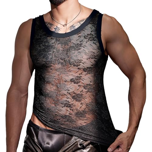 SEAUR Men's Lace Tank Top Sexy Sleeveless Sheer T Shirt Crew Neck Vest See Through Floral Nightclub Party Undershirt