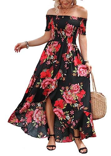 Amazon.com: Kormei Women Short Sleeve Off Shoulder Floral High Low Flowy  Summer Party Long Maxi Dress M Black&Red : Clothing, Shoes & Jewelry