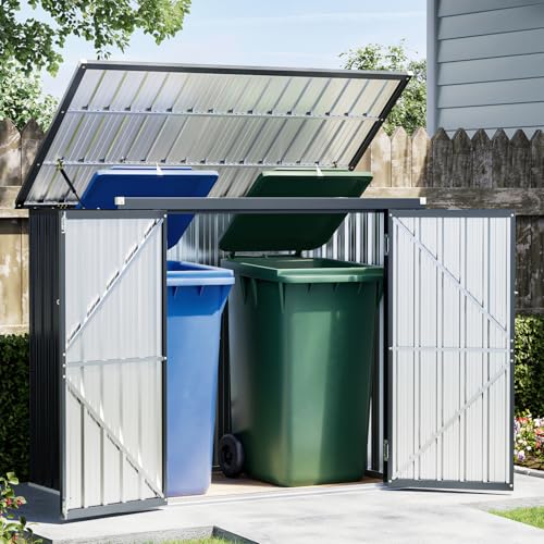 Image of 6x3 FT Outdoor Garbage Can Storage Shed with Lift-Up Lid & Double Doors, Metal Trash Can Enclosure with Sloped Roof, Gas Strut & Lockable Door, Weatherproof Trash Bin Shelter for Patio Backyard