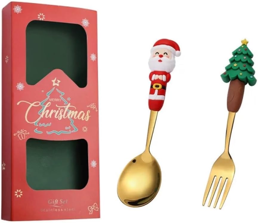 Christmas Cutlery Gift Set of 2 Pieces - Santa Claus Spoon & Christmas Tree Fork, Titanium Gold Stainless Steel with Greeting Card, Elegant Holiday Dining & Gift