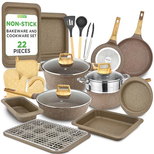 Image of NutriChef 22‑Piece Non‑Stick Ceramic Pots and Pans Set - For All Cooktops Including Induction - PTFE & PFAS Free, Includes Bakeware & Utensils