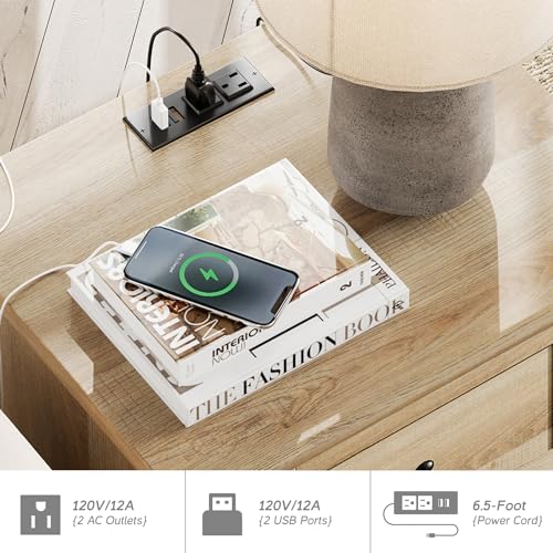 Wampat W11F4042C-W Nightstands With Charging Station, Set Of 2 End Table With Power Outlets & Usb Ports For Living Room, Modern Side Table With Drawer And Storage Cabinet For Bedroom, Oak thumb #5