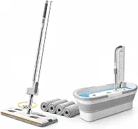 Mop Esfregão Giratório 360° com Balde Dobrável Cabo em Aço Inox Refil de Microfibra Kit de Limpeza Retangular para Piso