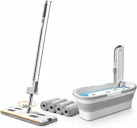 Mop Esfregão Giratório 360° com Balde Dobrável Cabo em Aço Inox Refil de Microfibra Kit de Limpeza Retangular para Piso