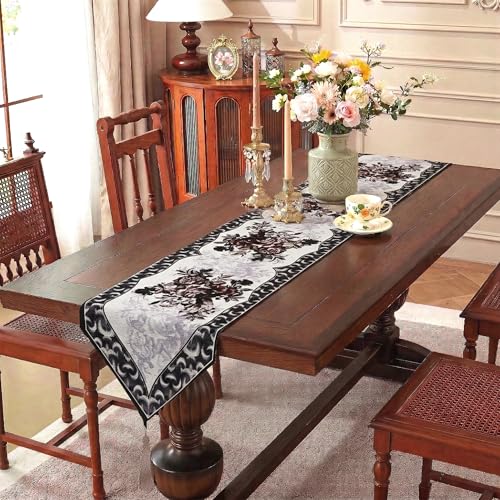 Image of Kuber Industries 72x13 Inch Large Cotton Table Runner for Party and Wedding | Washable Centre and Dining Table Runner | Dazzle 102 Number Design - Grey