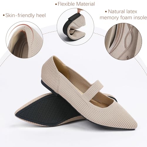 Image of TINGRISE Women's Flats Shoes Pointed Toe Knit Washable Ballet Comfortable Dressy Mary Jane Flat