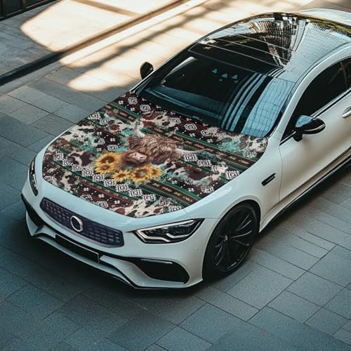 Image of Highland Cattle Pattern Car Hood Cover Sunflower Geometric Design American Hood Flag, 59.05 inchx39.37 inch, Premium Sublimation Print Car Hood Flag with Elastic Band