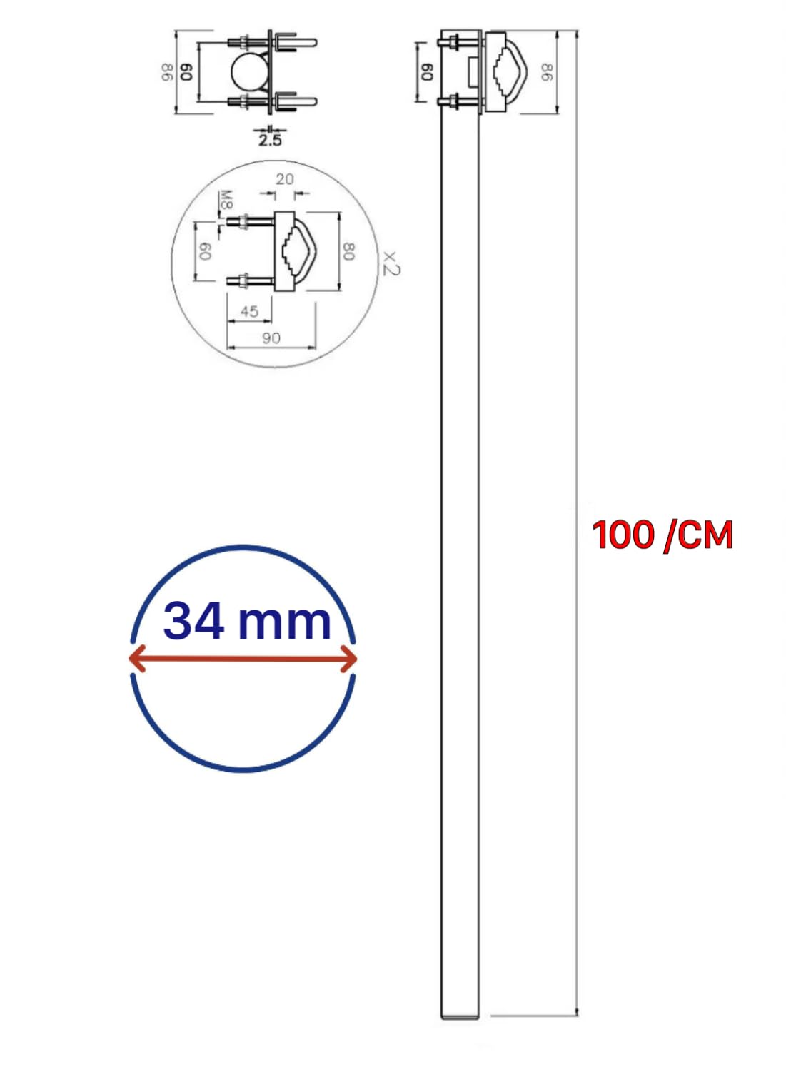 Staffa Prolunga Dritta per Antenna o Parabola, Montaggio a Palo o Muro, 100 cm, 34 mm, Made in Italy