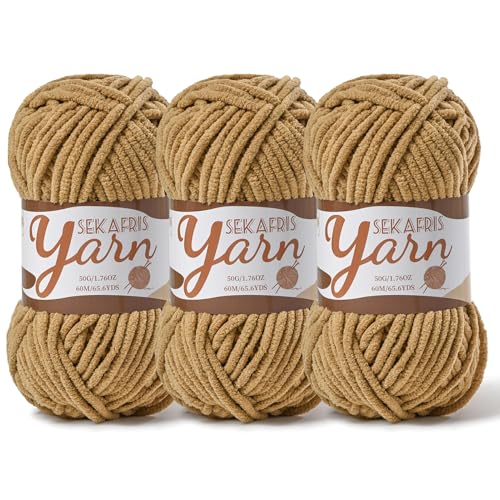 Image of 3 Pack Fluffy Velvet Yarn for Crocheting,Baby Blanket Yarn for Crocheting Soft,150g(196.8yds) Amigurumi Yarns,Plush Chenille Crochet Yarns,Puzzle Yarn for Crochet Weaving Craft(3 Light Coffee)