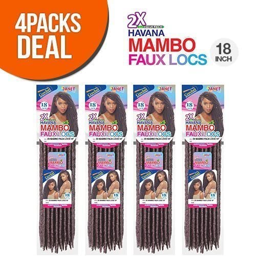Janet Collection Synthetic Hair Crochet Braids 2X Havana Mambo Faux Locs 18" (4-Pack, 1B)