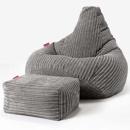Lounge Pug Cord Highback Bean Bag Chair and Footstool - Gaming Recliner...
