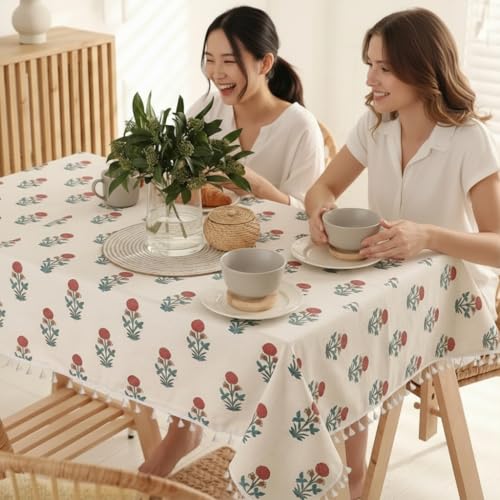 Image of RRC Microfiber Cotton Dining Table Cover 60 x 90 Inch for 6 Seater, Pack of 1 Rectangular Printed Table Cloth with Tassels, Washable Centre Table Cover, Durable & Fade Resistant