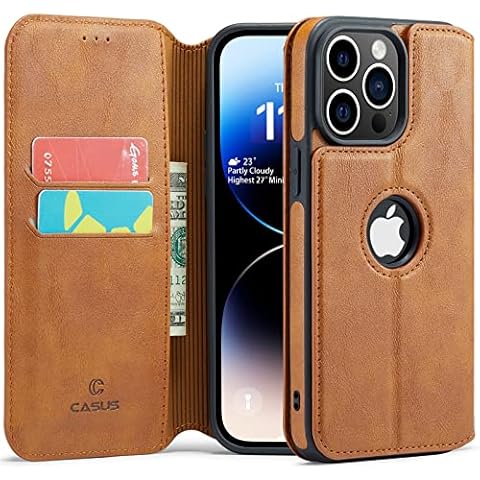 Casus Logo View Compatible with iPhone 14 Pro Wallet Case Slim Faux Leather with Card Holder Slot Thin Magnetic Flip Cover (2022) 6.1" (Brown) Cover