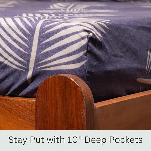 Image of Amazon Brand - Umi Cotton Fitted Bedsheet, Queen Size 78x60 Inches, Elastic Fit Bed Sheet, 10 Inch Deep Pocket, Soft Breathable Bedding, Durable Easy Care, with Pillow Cover-Mist Palm