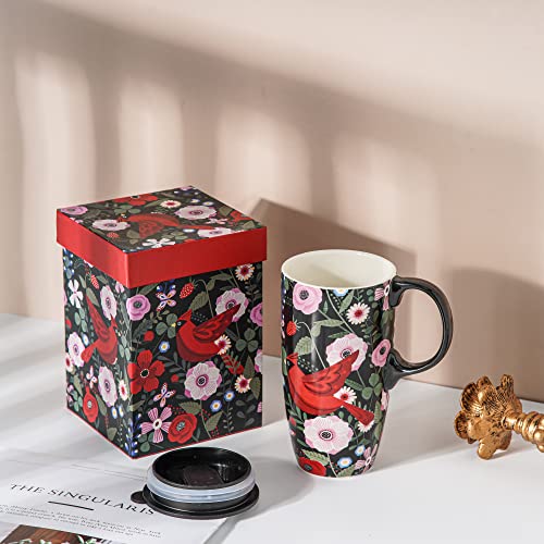 Topadorn Ceramic Mug with Gift Box Coffee Mug Latte Mug with Lid and Handle,17oz. Red Bird, Large - Image 3
