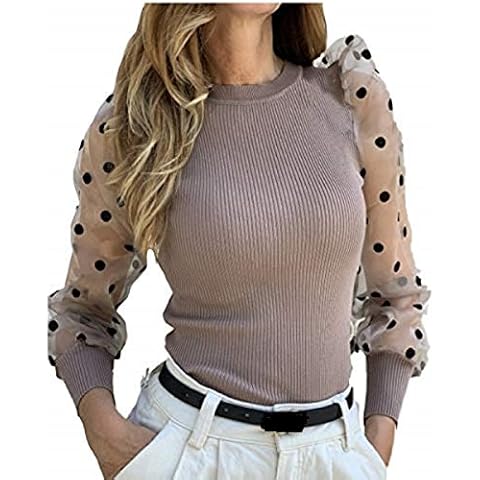 Women Spring Mesh Puff Long Sleeve Ribbed Knitted Shirt Loose Casual Polka Dots Blouse Tops Elegant Turtleneck Party Clubwear (Khaki, L) Cover
