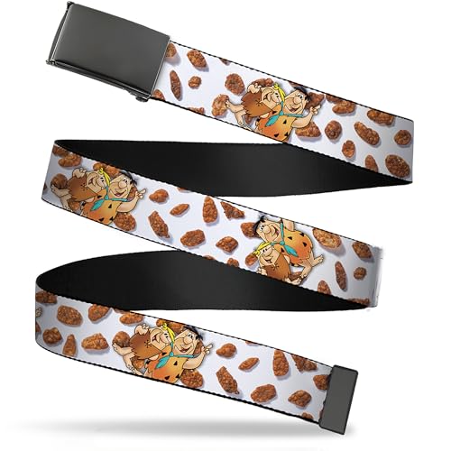 Buckle-Down The Flintstones Belt, Flip Web Belt Cocoa Pebbles Fred and Barney Pose and Cereal White Browns, 1.25 Inch Wide, Fits up to Size 42