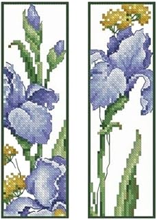 2Pack DIY Blank Canvas Bookmarks Purple Iris Flower Counted Cross Stitch Kits for Adult Kids Beginner Embroidery Crafts Needlework Bookmark for Student Gift 20x6cm