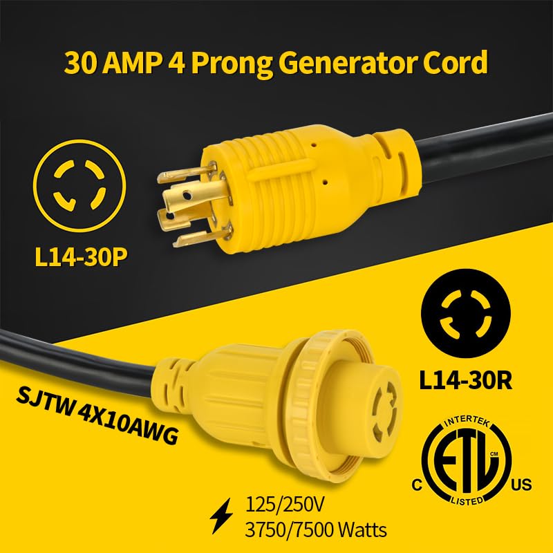 30 Amp 25 FT Generator Cord and Power Inlet Box (Pre-Drilled) Waterproof Kit, Nema L14 30p Generator Extension Cord with L14-30P to L14-30R Twist Lock Cord Plug for Outdoor Use,125/250 Volts - Image 3