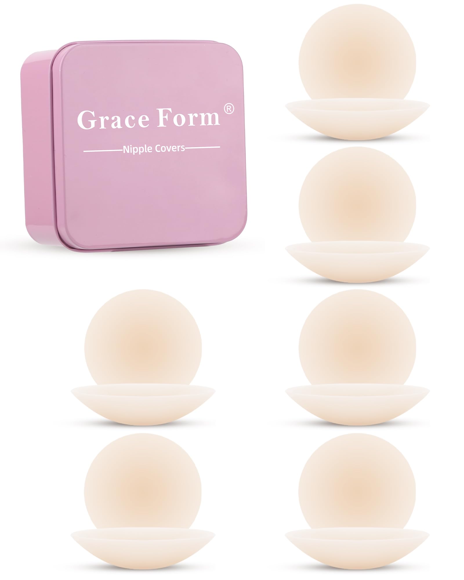 Grace Form 6 Pairs Nipple Covers,Reusable Adhesive Silicone Nipple Covers for Women, Seamless Pasties Sticky Bra No Show