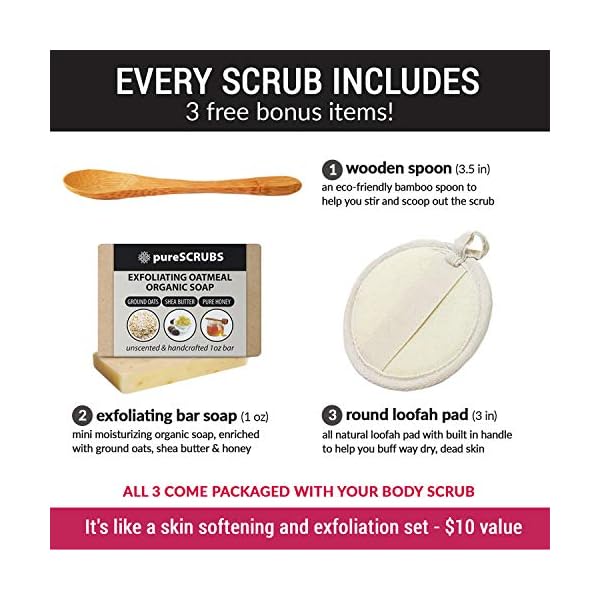 pureSCRUBS Premium Unscented Body Scrub Set - Large 16oz Dead Sea Salt Body Scrub With Infused Essential Oils & Nutrients, Includes Wooden Spoon, Loofah & Oatmeal Exfoliating Bar Soap