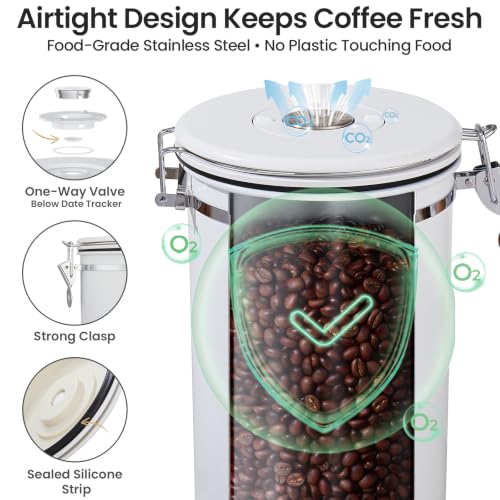 Image of Veken Coffee Canister,39OZ, 2.2lbs,Large Airtight Stainless Steel Container | Date Tracker, Kitchen Food Storage Jars for Beans,Ground, Espresso, Rice,Tea, Sugar, Cereal, Cookie,Gifts, Lids, Scoop, White