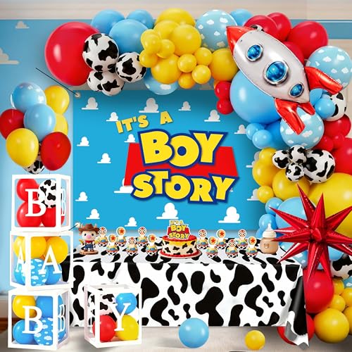 96Pcs Cartoon Toy Theme Baby Shower Decorations for Boy Cowboy & Space Style Party Supplies with 4 Baby Boxes Cow Cloud Pattern Balloons Rocket Foil Balloon & Backdrop for Blue Yellow Red Decor