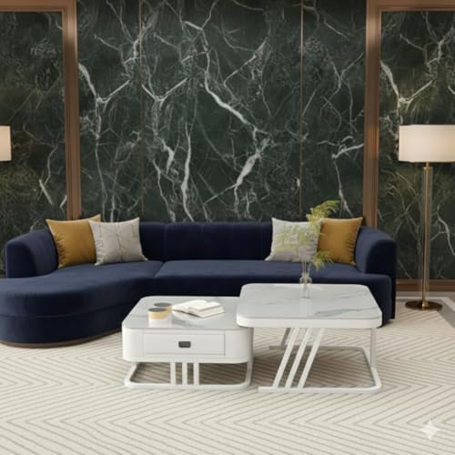 Image of Two Square Stacking Nesting Coffee Tables with Metal Frames, Wooden Tops, and Handcrafted Drawers Make up This Contemporary Centre Couch Table for Living Rooms bedrooms, & Apartments (Wht)