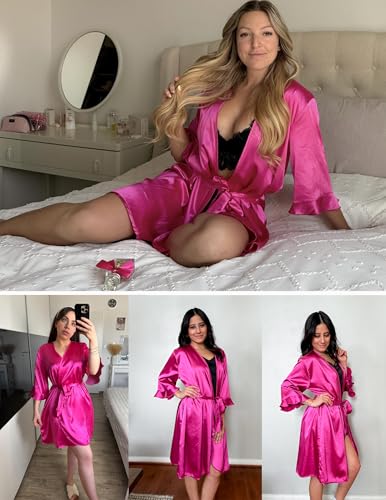 Image of Ekouaer Women's Satin Robe Valentines Lingerie for Women Kimono Bathrobe Short Ruffle Belted Robes Bridesmaids Sleepwear
